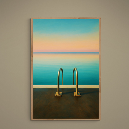Minimal seascape poster with pool ladder, turquoise water, and pink orange horizon