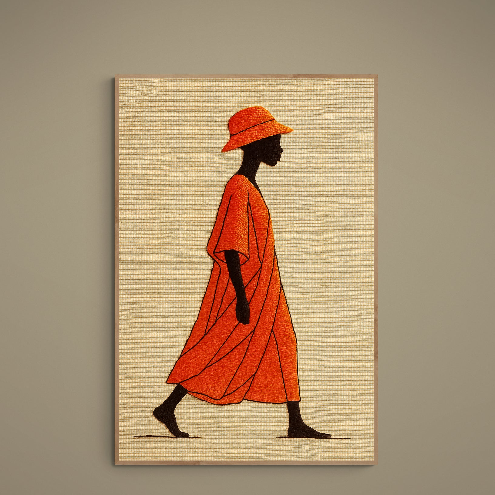 Black silhouette in orange robe and hat on textured beige matte paper poster