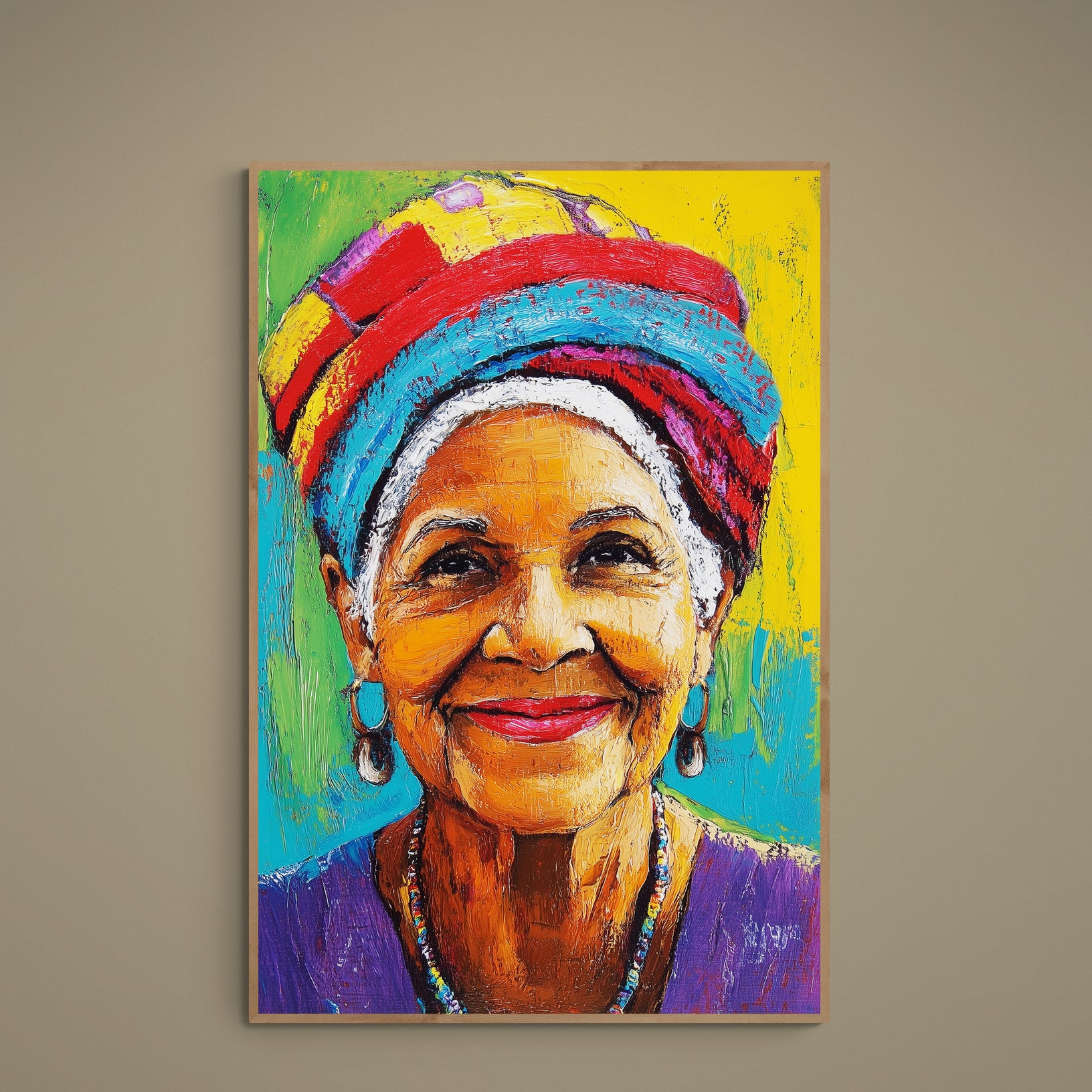 Smiling woman portrait with multicolor headwrap and jewelry in impasto-style brushstrokes