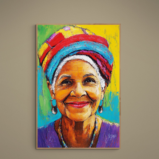 Smiling woman portrait with multicolor headwrap and jewelry in impasto-style brushstrokes