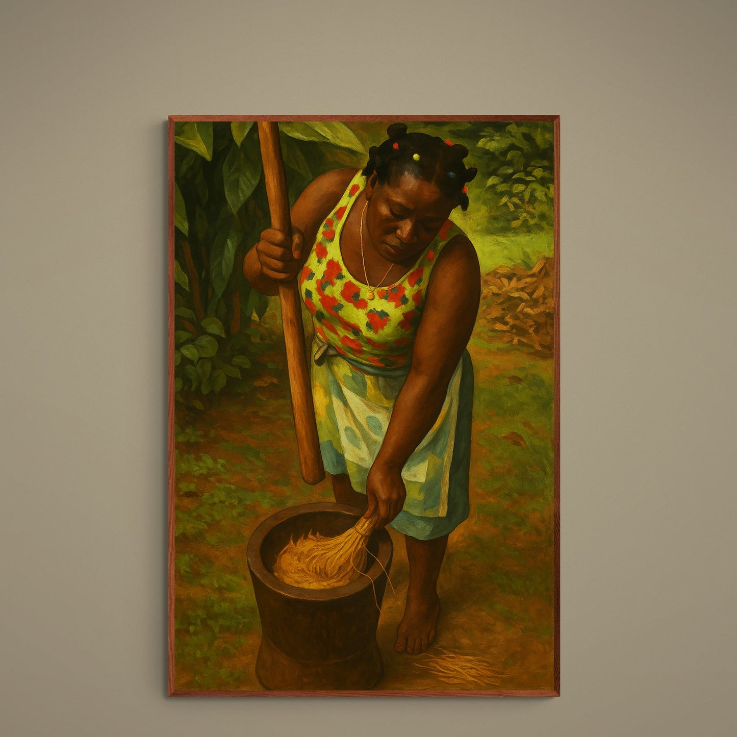 Woman pounding rice with mortar and pestle in tropical foliage on earthy matte paper poster