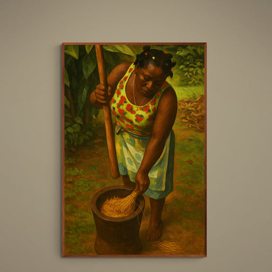 Woman pounding rice with mortar and pestle in tropical foliage on earthy matte paper poster