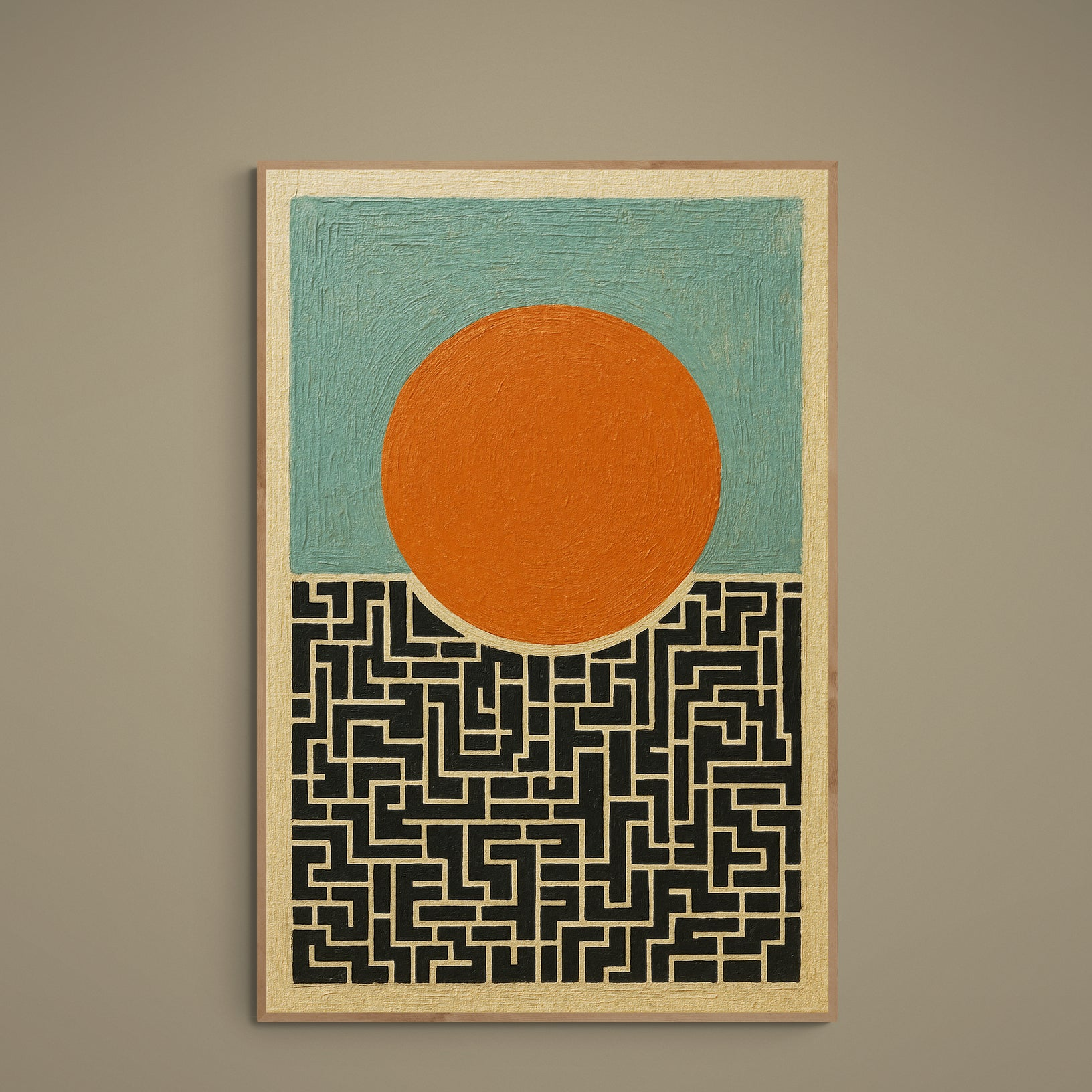 Minimalist poster with orange sun disc, turquoise field and black maze over beige pathways