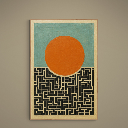 Minimalist poster with orange sun disc, turquoise field and black maze over beige pathways
