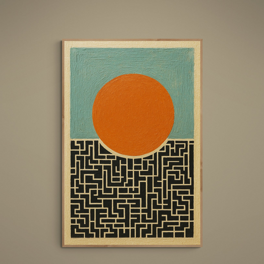 Minimalist poster with orange sun disc, turquoise field and black maze over beige pathways