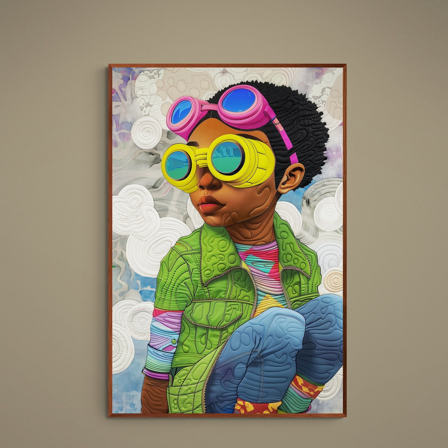 Afrofuturist portrait poster of a young figure with yellow goggles, blue lenses, pink goggles, and quilt texture