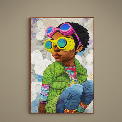Afrofuturist portrait poster of a young figure with yellow goggles, blue lenses, pink goggles, and quilt texture