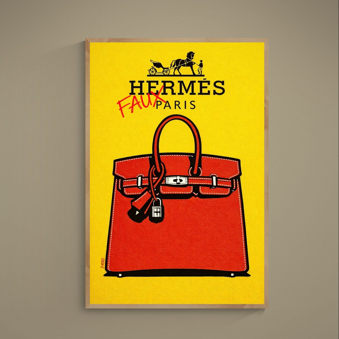 Red handbag pop art poster on yellow background with black logo and red FAUX text