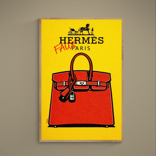 Red handbag pop art poster on yellow background with black logo and red FAUX text