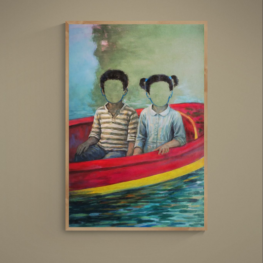 Surreal poster of two faceless children seated in a red boat on green water