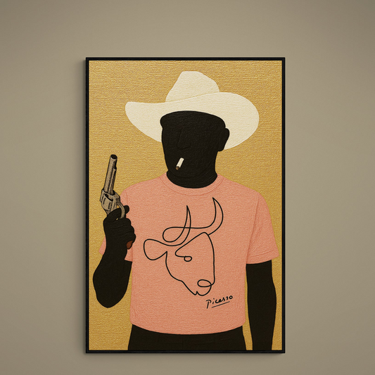 Black silhouette gunslinger in cream cowboy hat and pink shirt on textured gold poster