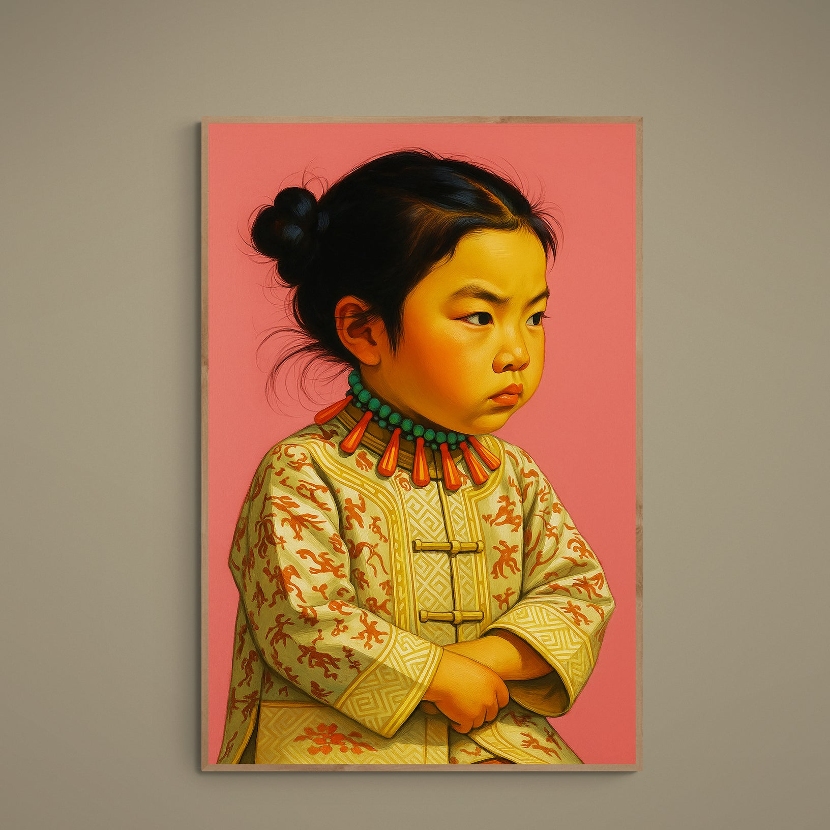 Child portrait in dragon-motif jacket with turquoise necklace on pink background matte poster