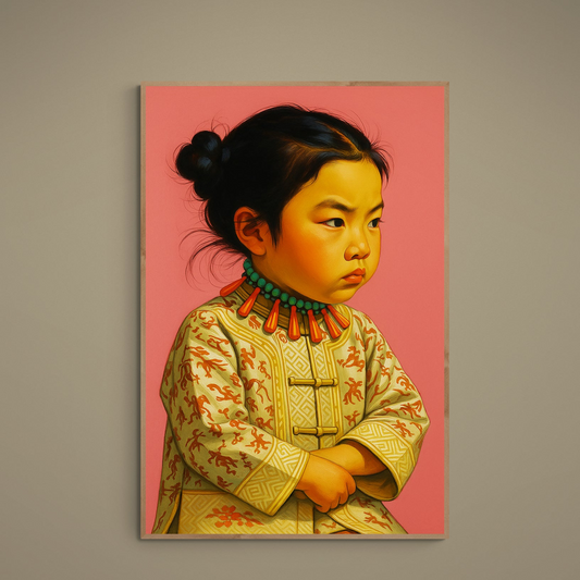 Child portrait in dragon-motif jacket with turquoise necklace on pink background matte poster