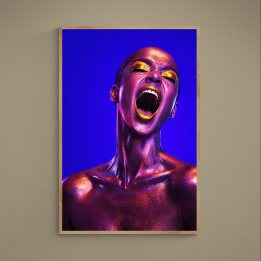 Photorealistic portrait poster with purple-pink metallic body paint, gold lips, and vivid blue background