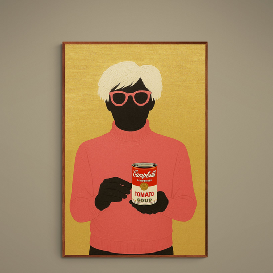 Black silhouette in pink sunglasses holding Campbell's soup can on gold background poster