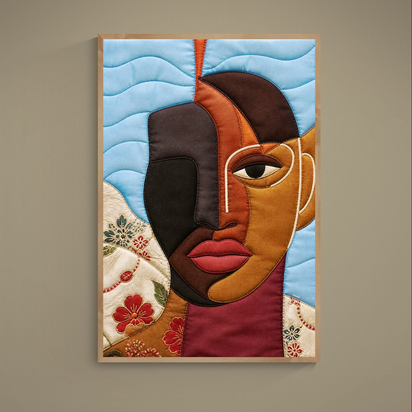 Museum-quality matte paper poster for a gallery wall, quilt-inspired abstract portrait of a Black woman, vertical, unframed.
