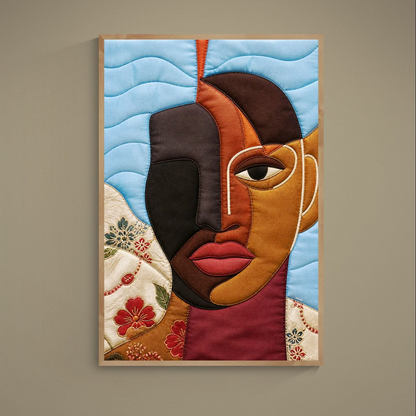 Museum-quality matte paper poster for a gallery wall, quilt-inspired abstract portrait of a Black woman, vertical, unframed.