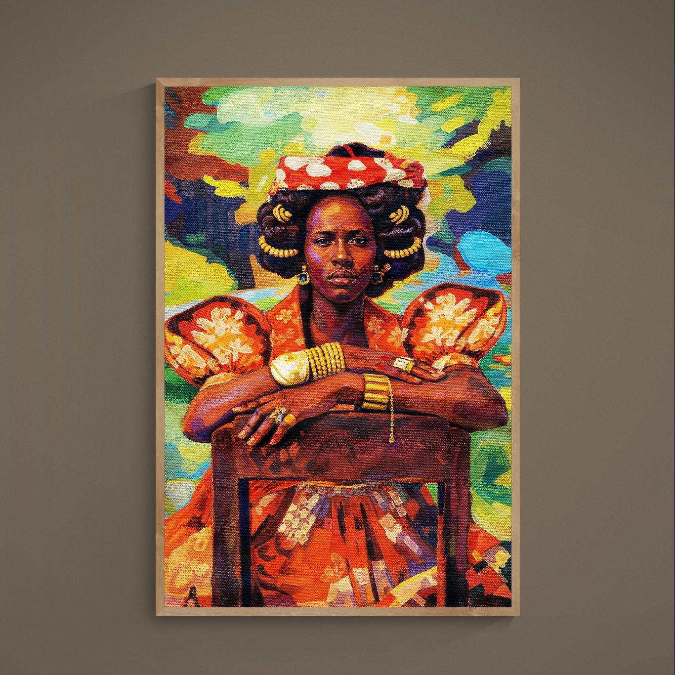 Regal Afrocentric woman in patterned headwrap with gold jewelry and floral sleeves on colorful matte poster