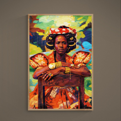 Regal Afrocentric woman in patterned headwrap with gold jewelry and floral sleeves on colorful matte poster