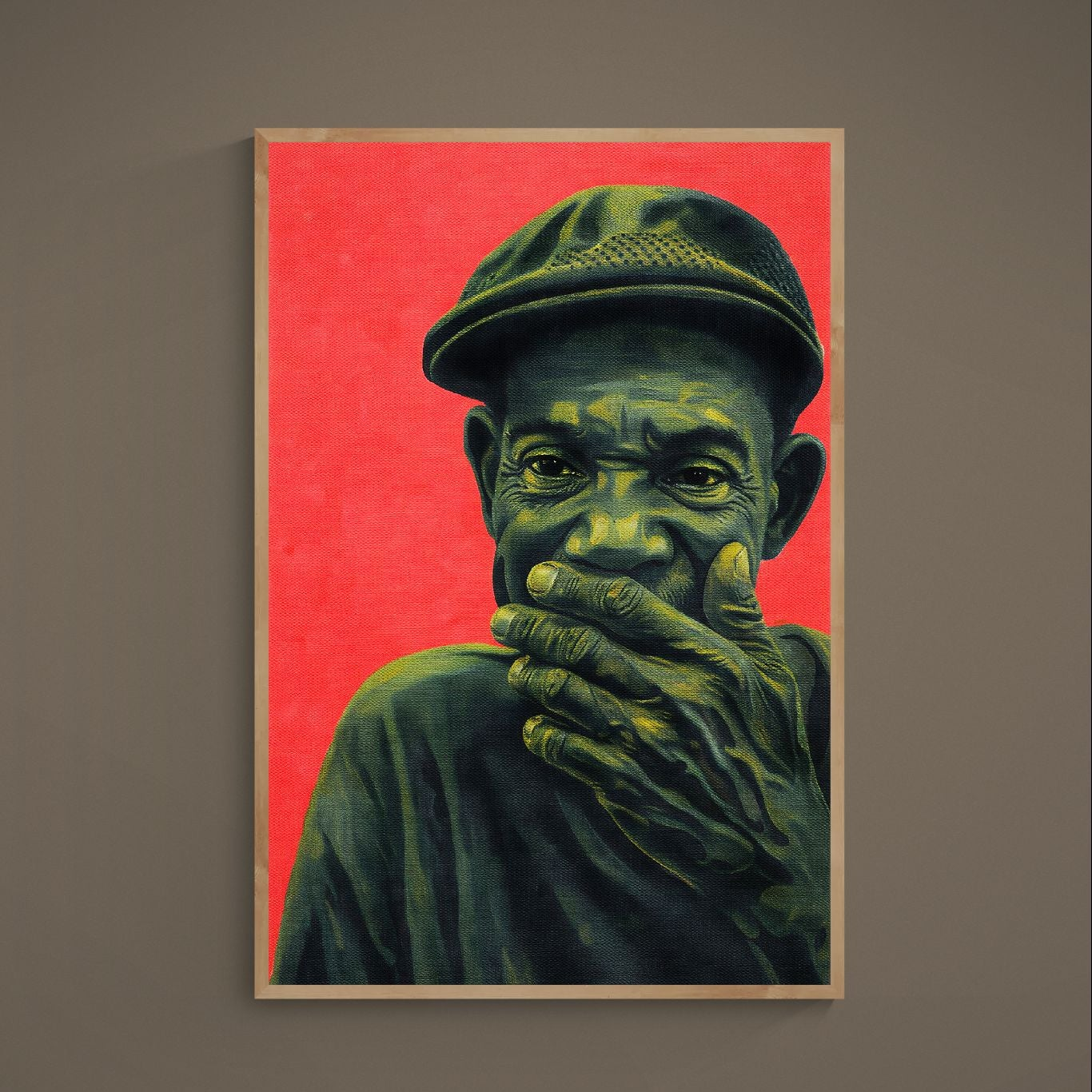 Close-up green and yellow expressive portrait with hand over mouth on a red background