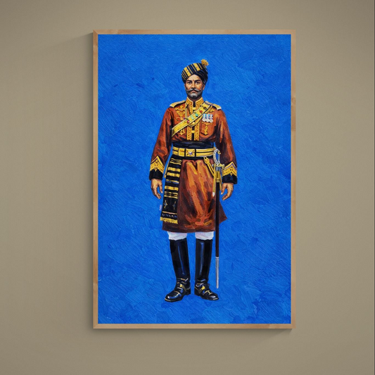Turbaned ceremonial officer holding a sword in gold-trimmed uniform against textured blue background