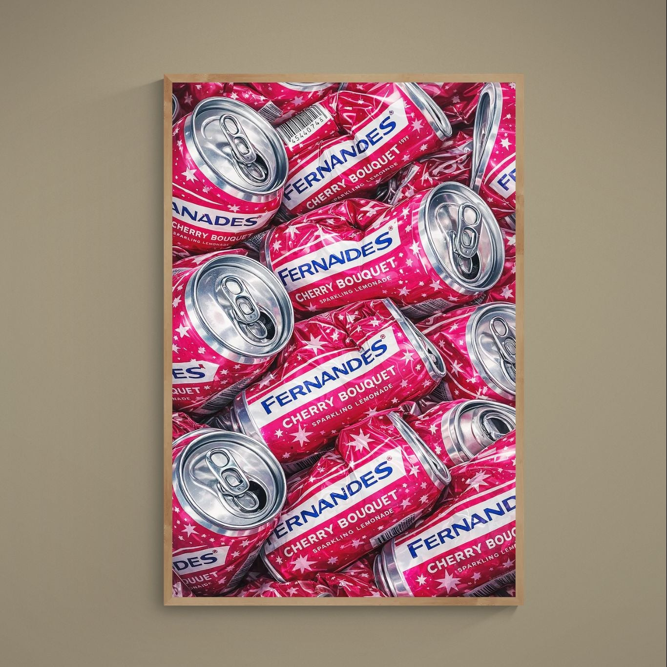 Repeat pattern of crushed pink FERNANDES Cherry Bouquet soda cans with silver highlights on a matte poster