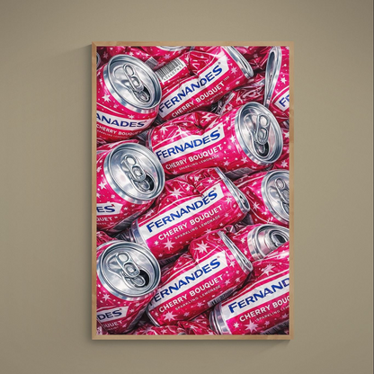 Repeat pattern of crushed pink FERNANDES Cherry Bouquet soda cans with silver highlights on a matte poster