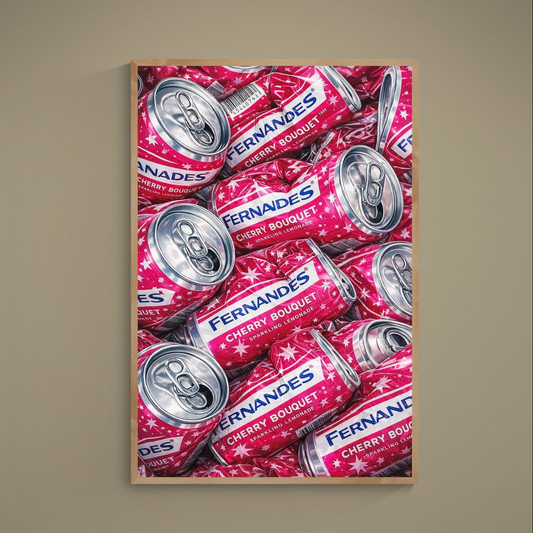 Repeat pattern of crushed pink FERNANDES Cherry Bouquet soda cans with silver highlights on a matte poster