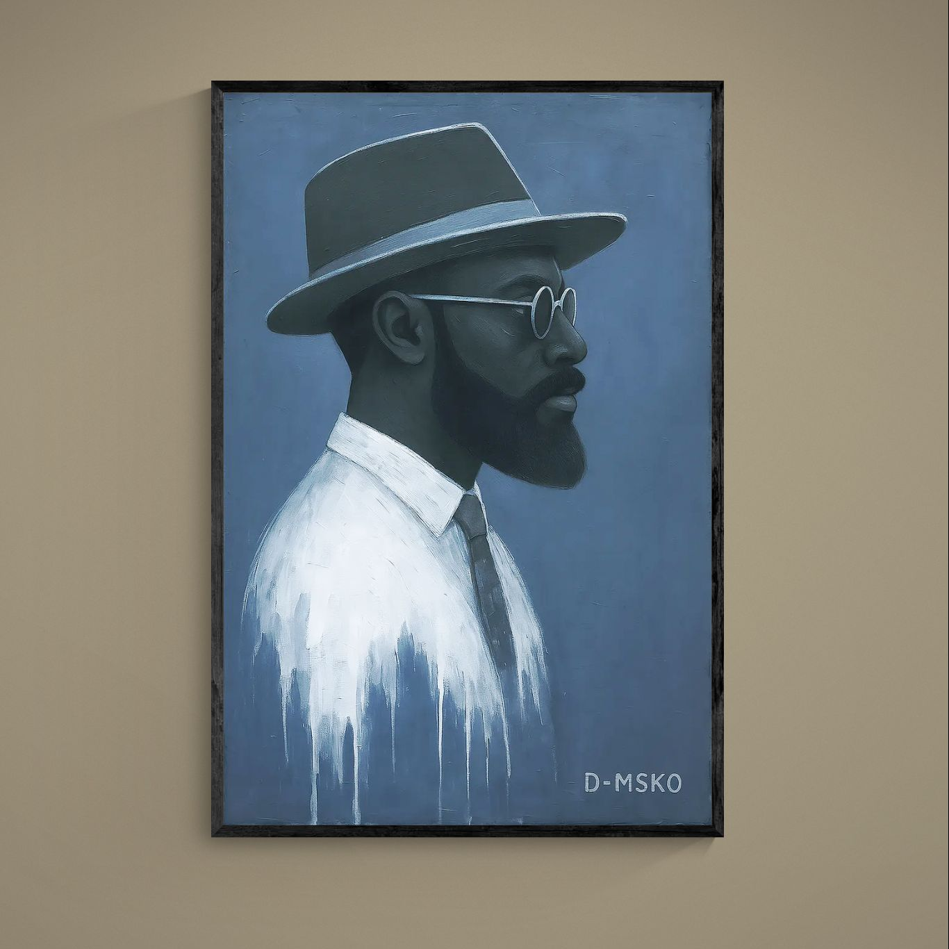 Blue side-profile portrait poster of bearded man in wide-brim hat, round sunglasses, and drip-painted shirt