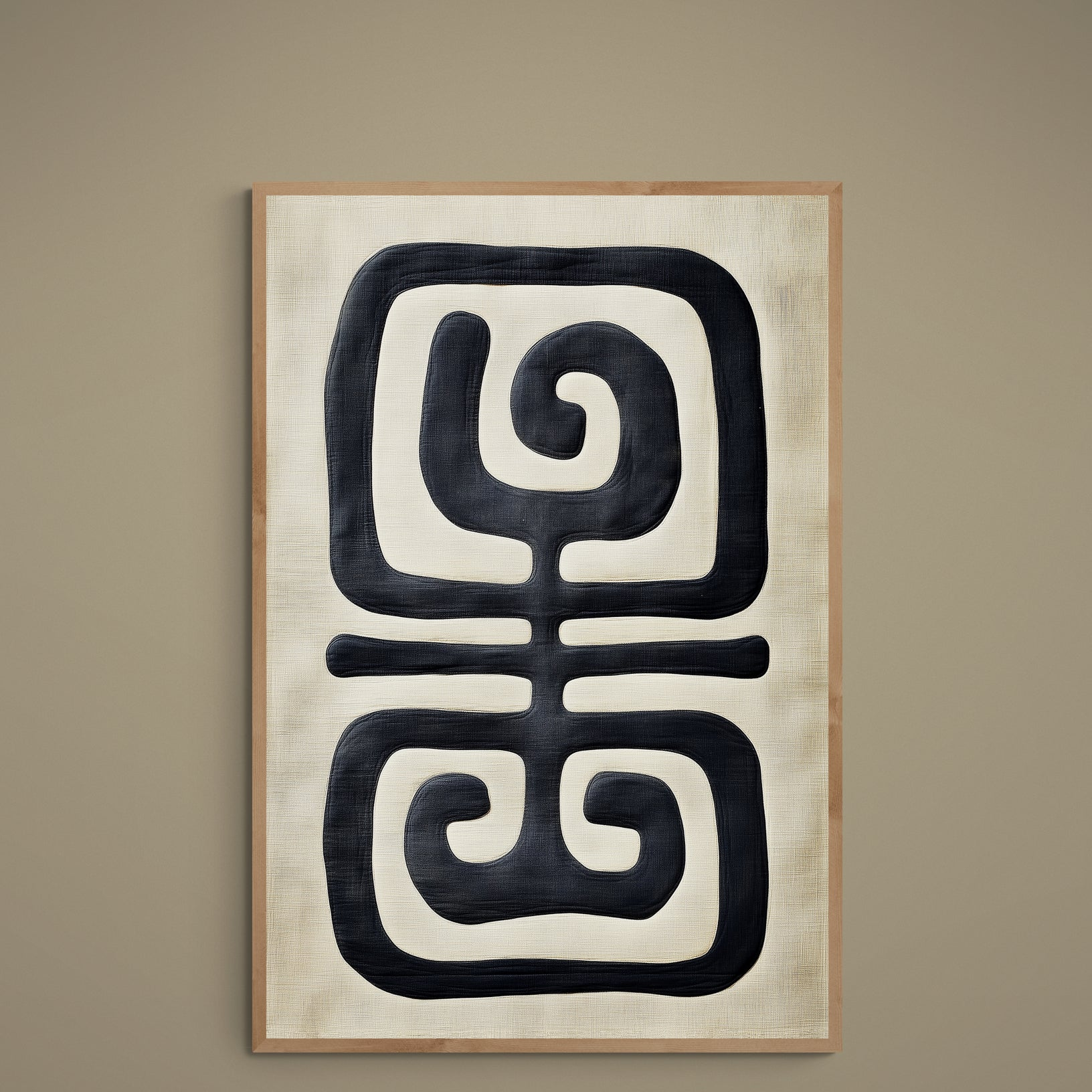 Black glyph-like abstract motif on warm cream matte paper poster in portrait orientation