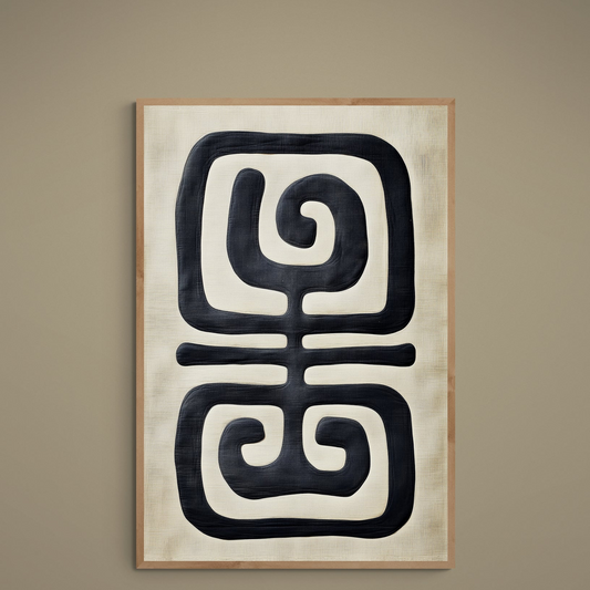 Black glyph-like abstract motif on warm cream matte paper poster in portrait orientation