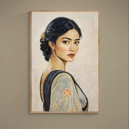 Photorealistic female portrait poster with gold jewelry, floral embroidered sleeve, and beige textured background