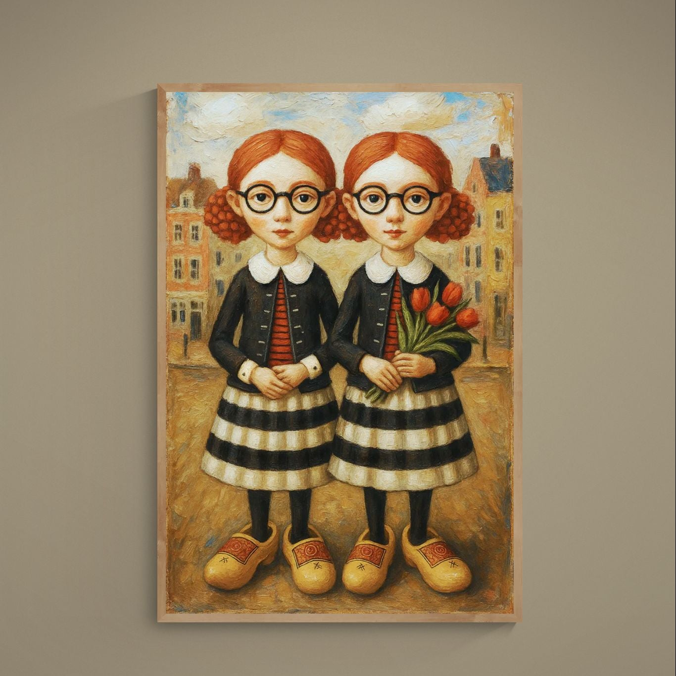 Whimsical folk art poster of red-haired twin sisters with glasses, striped skirts, red tulips and wooden clogs