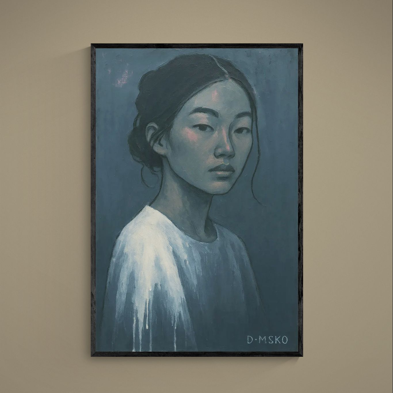 Muted blue and gray three-quarter female portrait matte poster with visible brushstrokes
