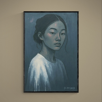 Muted blue and gray three-quarter female portrait matte poster with visible brushstrokes