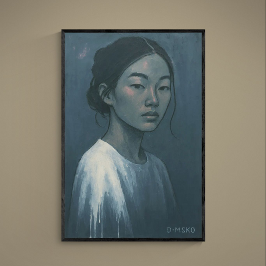Muted blue and gray three-quarter female portrait matte poster with visible brushstrokes