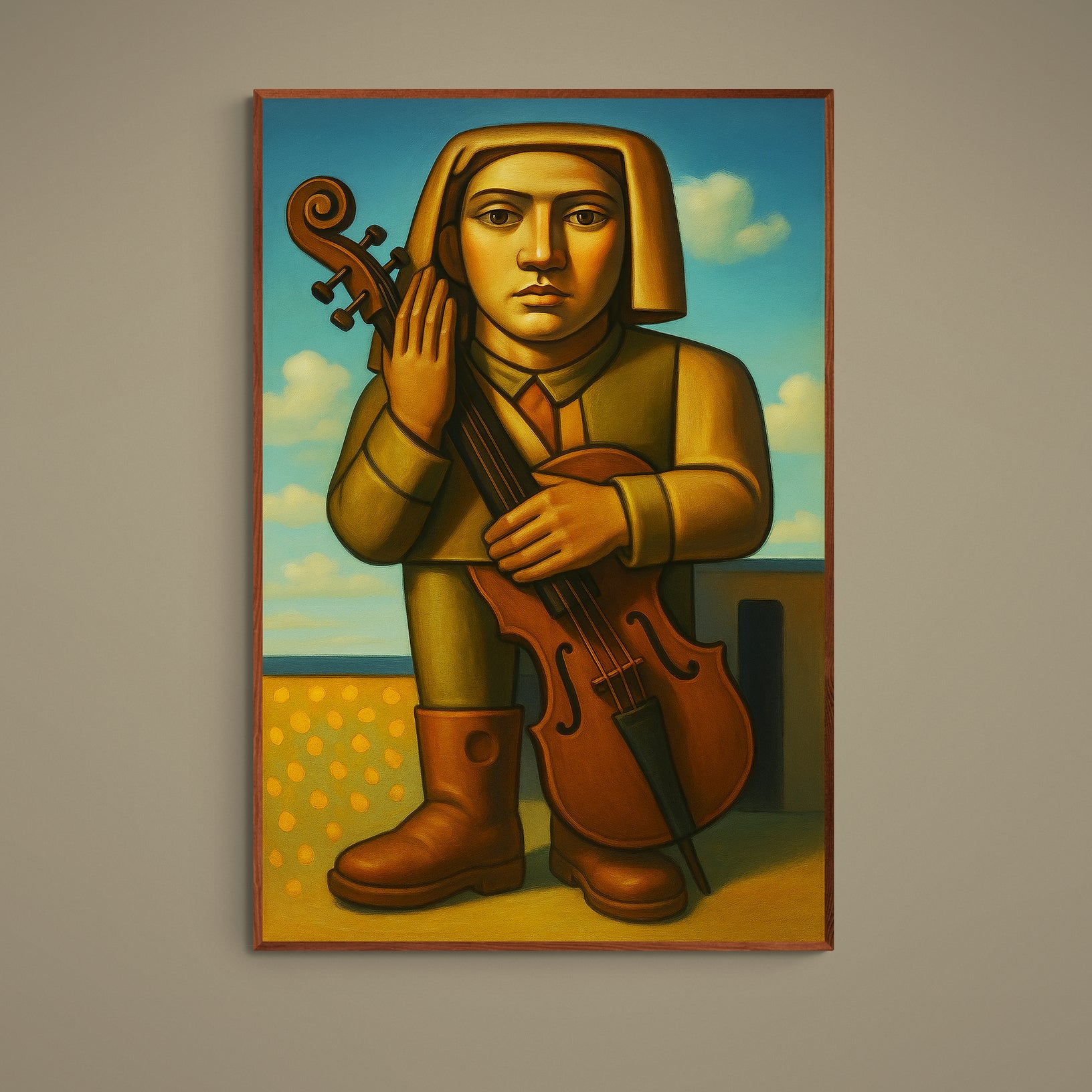 Stylized violinist holding a violin in warm earth tones beneath a blue sky on a vertical poster