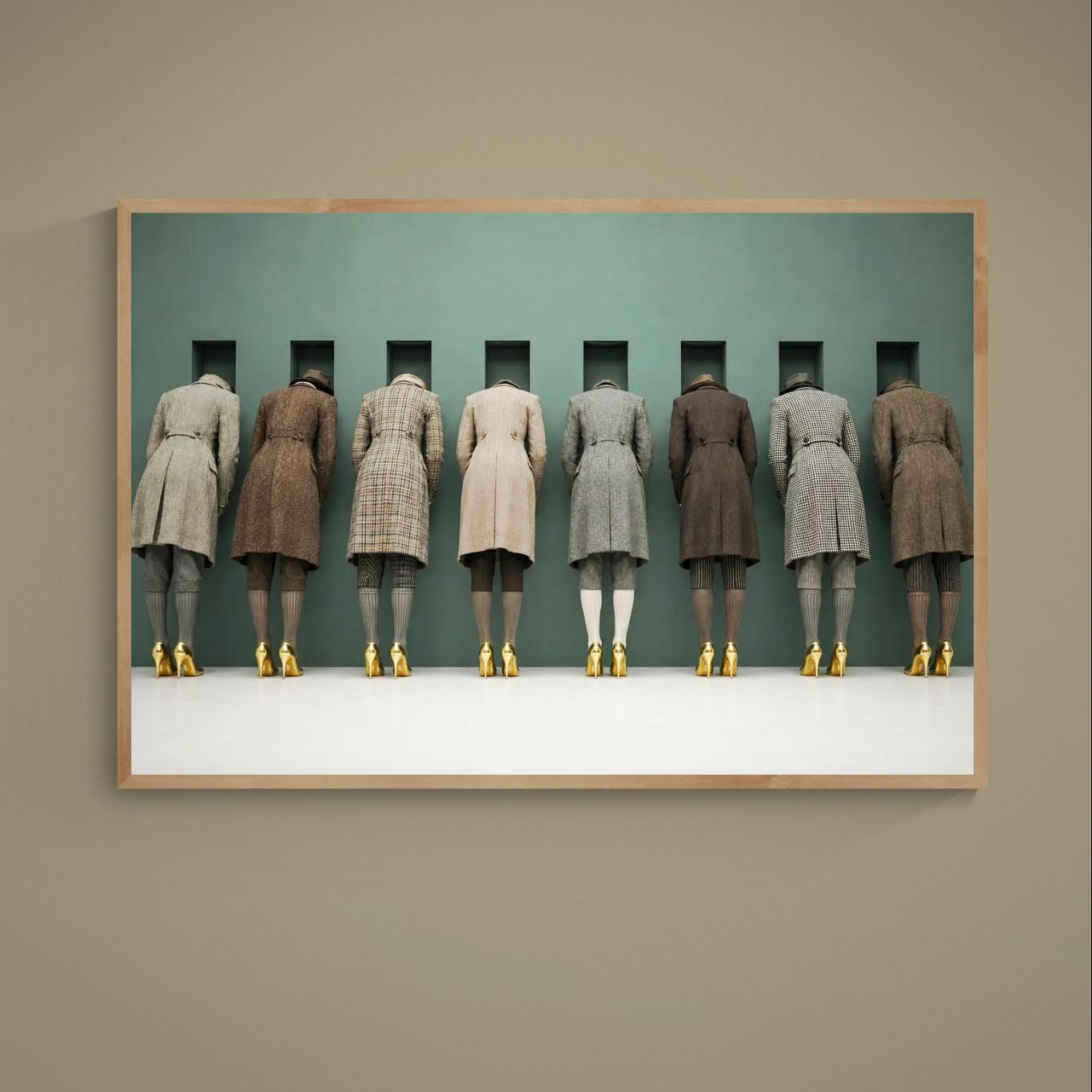 Surreal fashion poster: eight back-turned figures in vintage coats and gold heels waiting in wall niches on a deep green wall