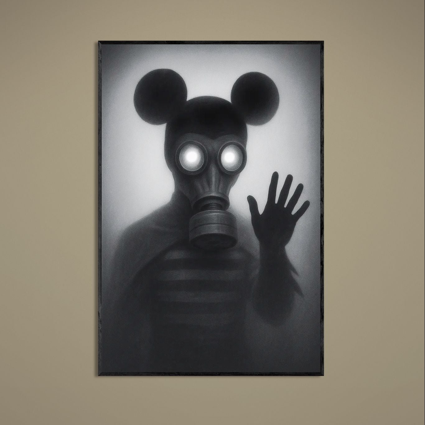 Monochrome gas-mask figure with glowing circular eyes and raised hand on an unframed matte poster