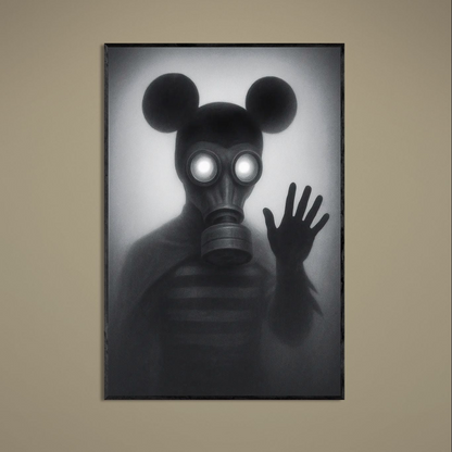 Monochrome gas-mask figure with glowing circular eyes and raised hand on an unframed matte poster