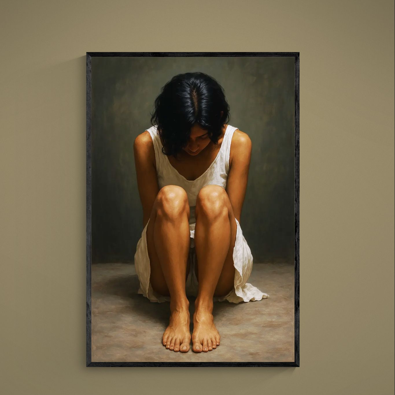 Photorealistic portrait poster of a seated woman in a white dress on a muted neutral background