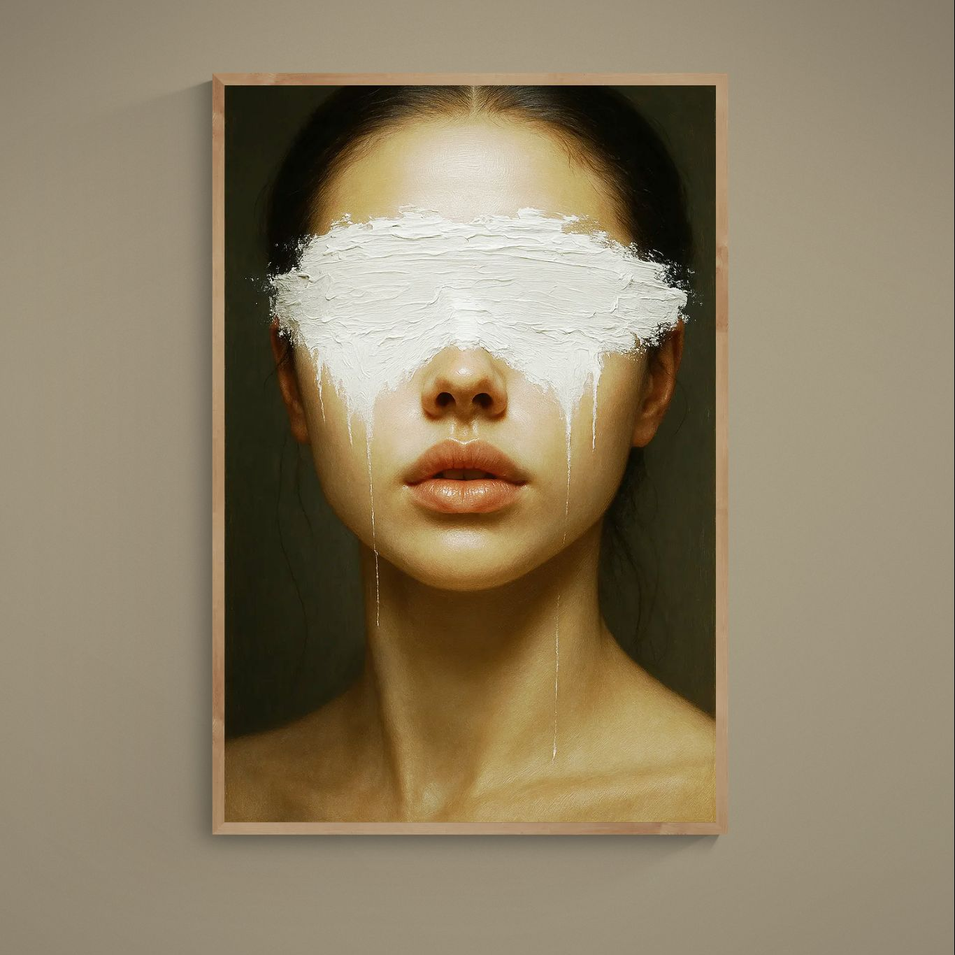 Close-up female portrait poster with white paint swipe covering the eyes and vertical drips