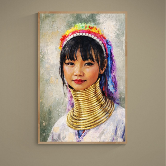 Portrait poster of a young woman with brass neck coils and colorful headband on matte paper