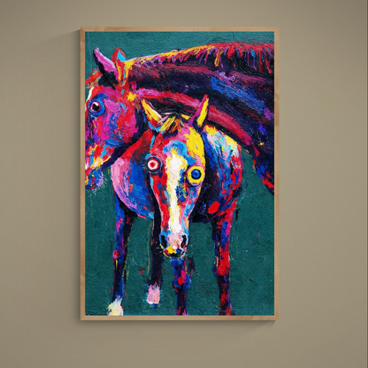 Colorful neo-expressionist poster of two horse heads with ringed eyes on a deep green background