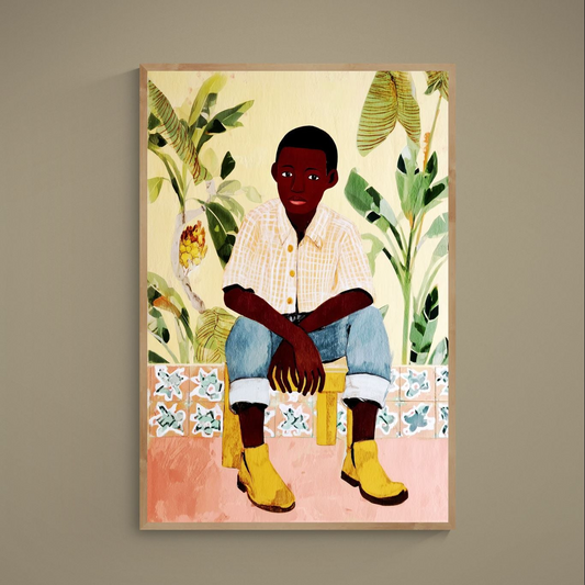 Seated youth illustration with yellow boots, green leaves, checked shirt, and tile border on matte poster