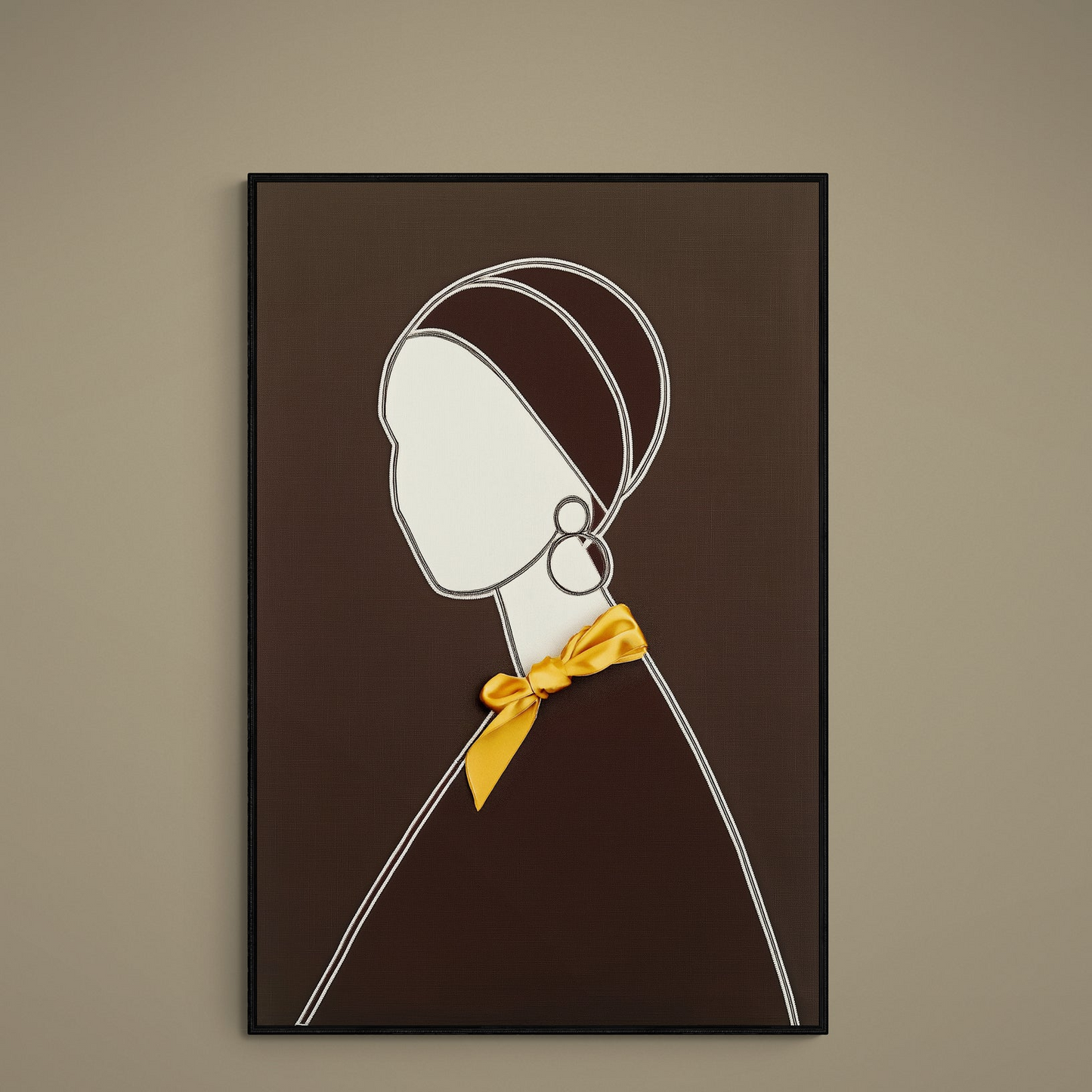 Minimalist matte paper poster of a cream female profile on brown with headwrap line art and yellow ribbon bow