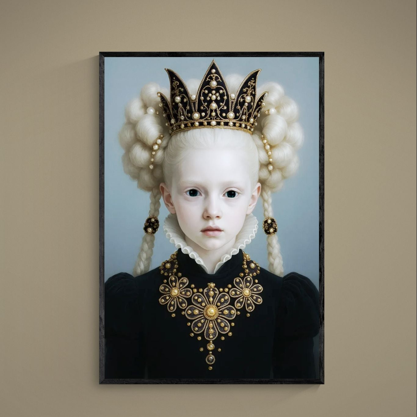 Young sovereign portrait with gold crown, pearl braids, Elizabethan ruff, and black gown on matte poster