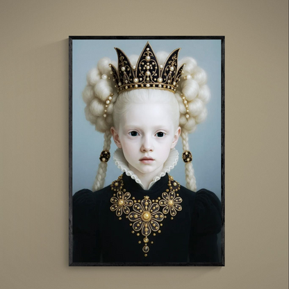 Young sovereign portrait with gold crown, pearl braids, Elizabethan ruff, and black gown on matte poster