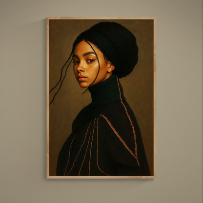 Three-quarter female profile portrait in warm earth tones with chiaroscuro lighting on matte poster paper
