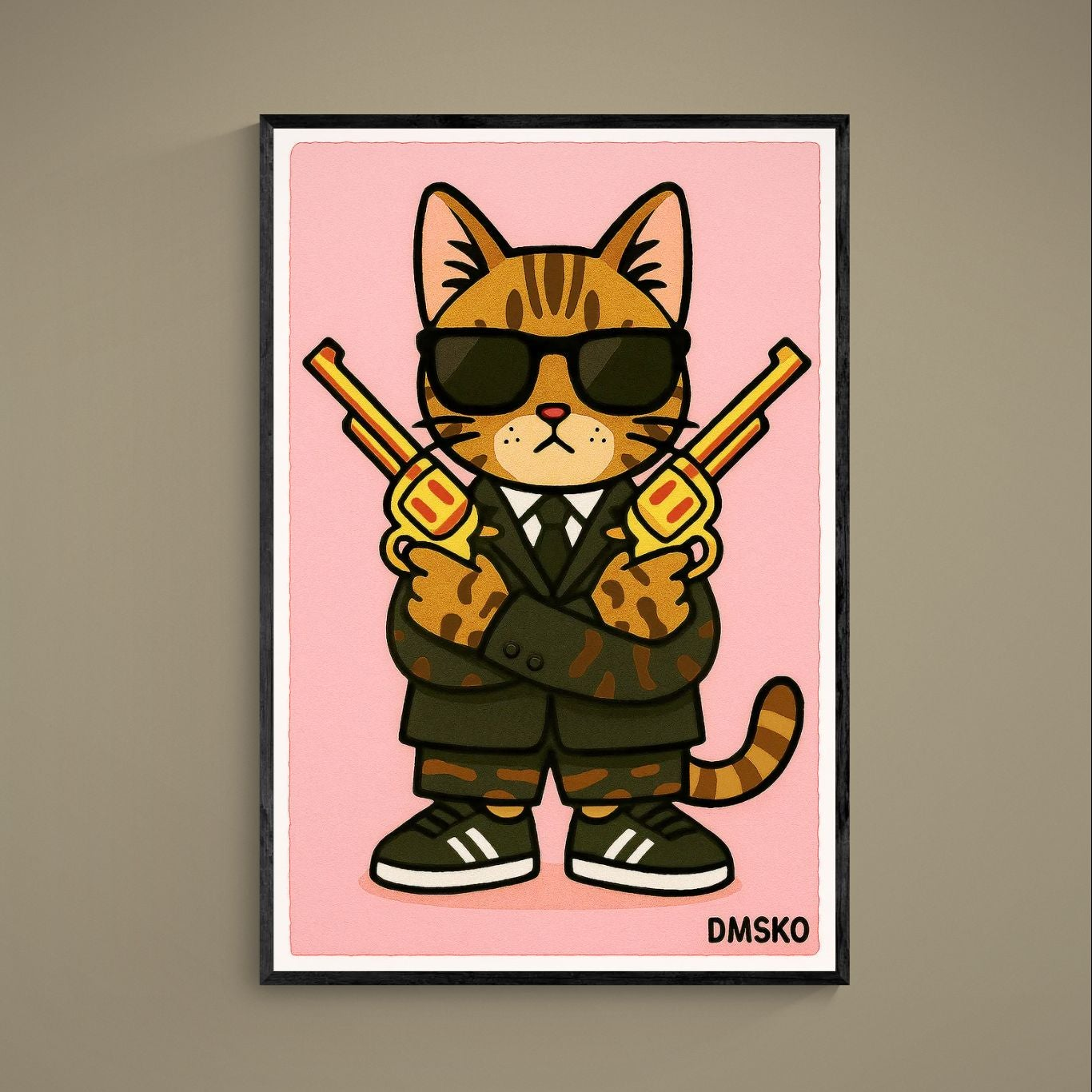 Pop-art tiger in sunglasses and camouflage suit with crossed gold revolvers on a pink poster background